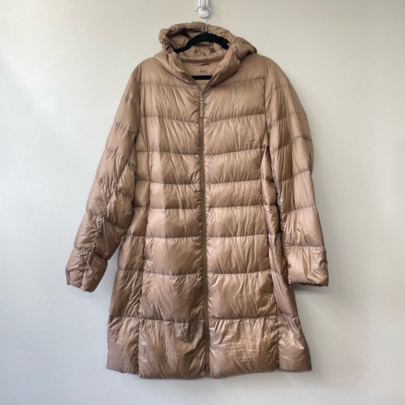 Uniqlo Jackets & Blazers - Uniqlo Puffer Coat Womens XL Tan Neutral Longline Pockets Hood Down Filled